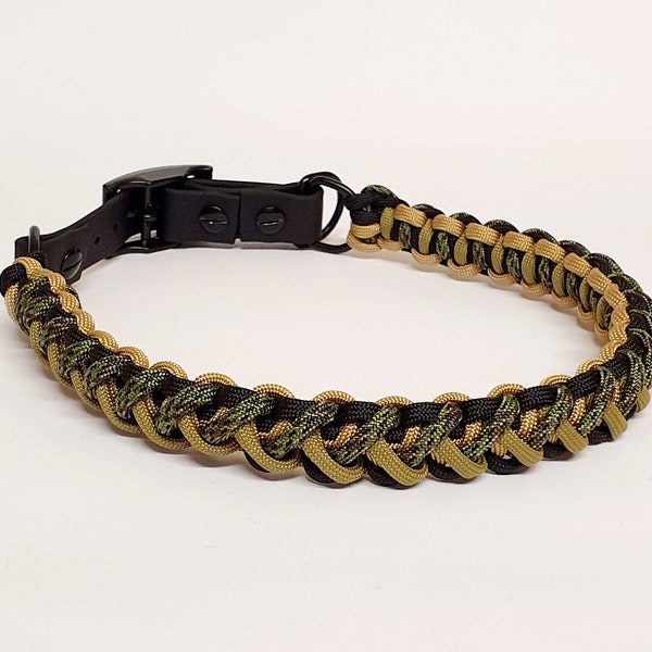 Adjustable dog collar, paracord, hand-braided, biothane adapter