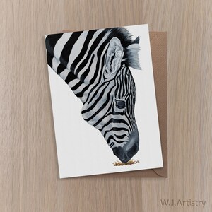 Biglietto d'auguri zebra. Pittura originale di Wendy Alcock (WJArtistry). Carta della fauna selvatica. carta zebra. Artista del Regno Unito.