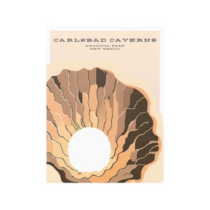 May include: A vintage-style illustration of Carlsbad Caverns National Park in New Mexico. The image features a large, circular opening in the ground, surrounded by brown and orange rock formations.