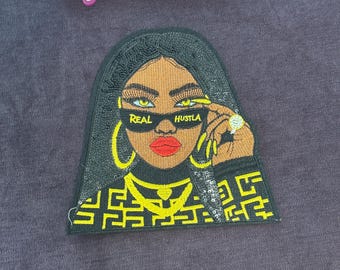 Real Hustla embroidery and sequin patch, Afrocentric, bling