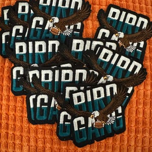Könnte beinhalten: Gestickte Aufnäher mit einem braunen Adler, der einen Football hält, vor einem türkis-weißen Hintergrund. Das Wort "EAGLES" wird in weißen Blockbuchstaben angezeigt. Aufnäher liegen auf einer orangefarbenen, strukturierten Oberfläche.