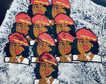 Red Beret wearing Diva patch, Melanated, Parisian, afrocentric, beauty, Sequin design