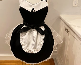 Sexy French Maid Satin Apron in Black and White Satin  loveandkissesbybella