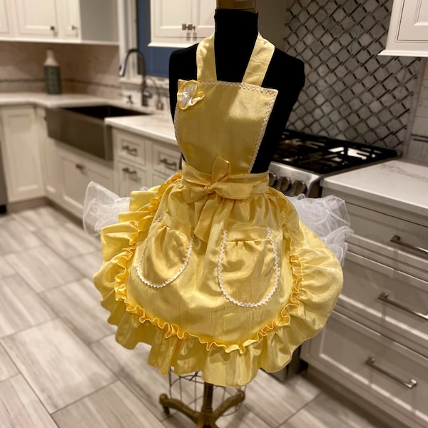 Apron in Yellow Moiré taffeta  Apron perfect for Romantic Evening or a Holiday Evening or entertaining  with loveankissesbybella