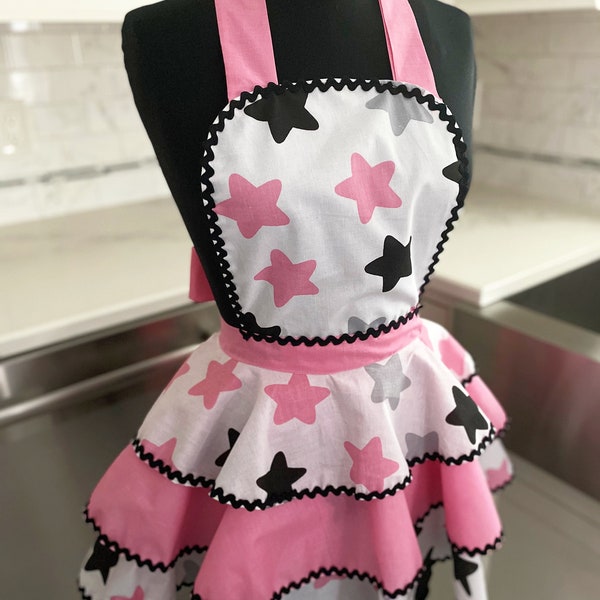 Retro Inspired Cotton Apron Featuring Pink, Black and Gray Stary  great for Mommy and Me Cooking Time  loveandkissesbybella