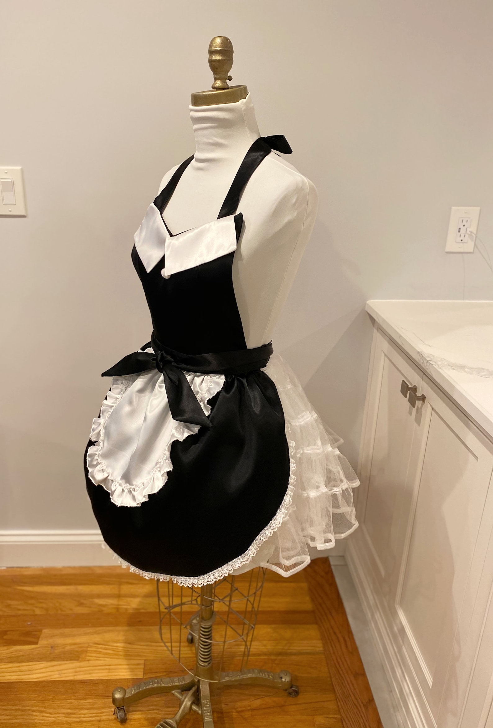 Sexy French Maid Satin Apron in Black and White Satin