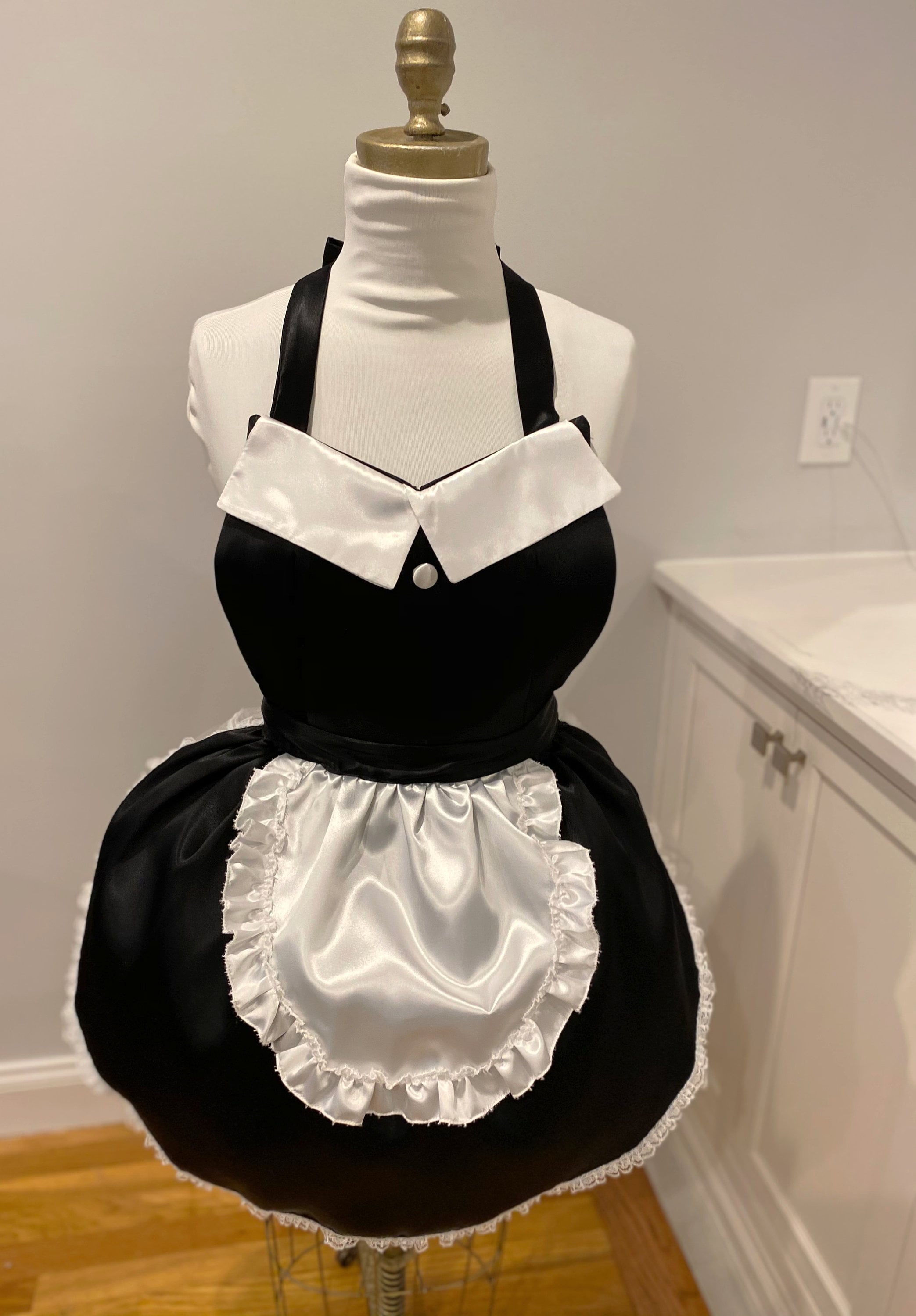 Sexy French Maid Satin Apron in Black and White Satin