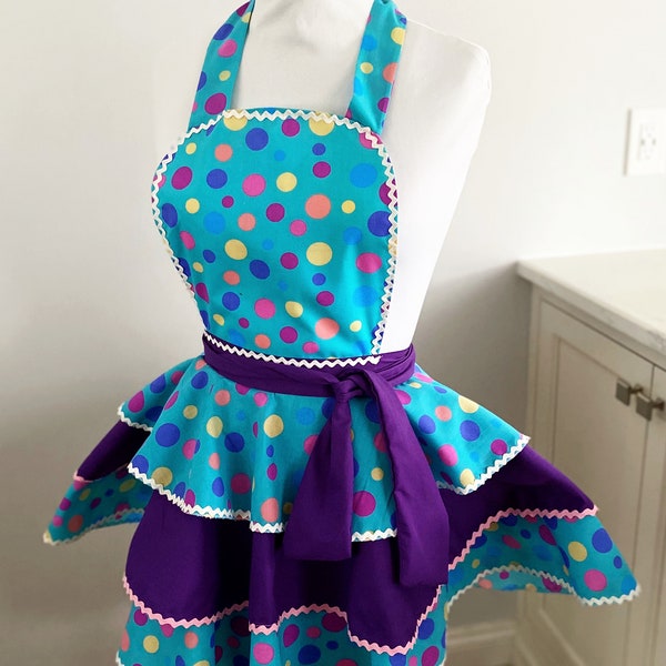 Apron retro inspired in colorful polka dots of bright colorful colors in three layers on skirt by loveandkissesbybella