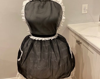 A Chiffon see thru  French Maid Satin Apron in Black and White sexy and flirty "honey I'm Home"  loveandkissesbybella