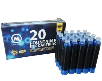 Blue Fountain Pen Ink Cartridges - Monaggio Refill Pack (20 Count)