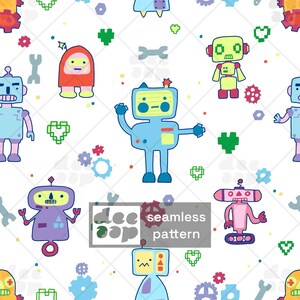 May include: A seamless pattern featuring colourful cartoon robots, green pixelated hearts, blue and red gears, and grey wrenches on a white background. A rectangular overlay in the centre contains the text "dee aap seamless pattern".