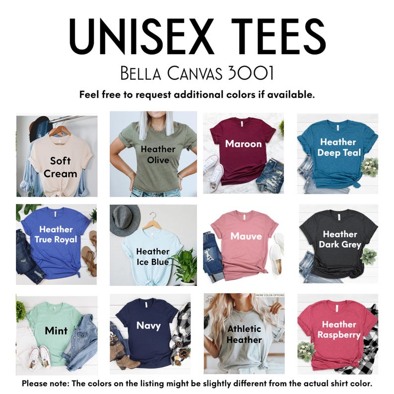 Op de afbeelding: Productafbeelding met een verscheidenheid aan Bella Canvas 3001 unisex t-shirts in verschillende kleuren. Kleuren zijn onder meer Soft Cream, Heather Olive, Maroon, Heather Deep Teal, Heather True Royal, Heather Ice Blue, Mauve, Heather Dark Grey, Mint, Navy, Athletic Heather en Heather Raspberry.