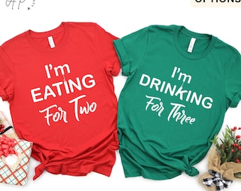 Couple Pregnancy Reveal Announcement T-Shirt | Funny I'm Eating for Two I'm Drinking for Three Tee | Pregnancy Maternity Shirt