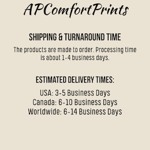 May include: Cream-colored background with black text. The text reads "APComfortPrints" in a cursive font. Below, it states "SHIPPING & TURNAROUND TIME" and "ESTIMATED DELIVERY TIMES:" with delivery estimates for the USA, Canada, and Worldwide.