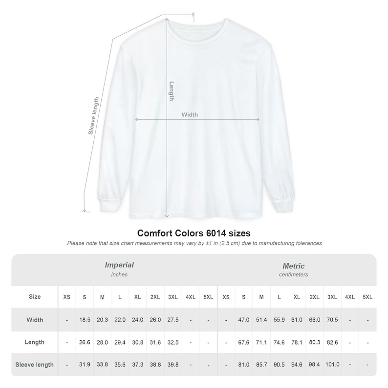 May include: White long-sleeve shirt with size chart. The chart shows measurements in inches and centimeters for width, length, and sleeve length. The shirt's width ranges from 18.5 to 27.5 inches, and the length is between 26.6 and 32.5 inches.