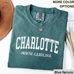 Op de afbeelding: Een blauwgroen t-shirt met het woord "CHARLOTTE" in witte blokletters boven "NORTH CAROLINA". Het shirt heeft een ronde hals en korte mouwen. Een gouden ketting met een hanger is over het shirt gedrapeerd.