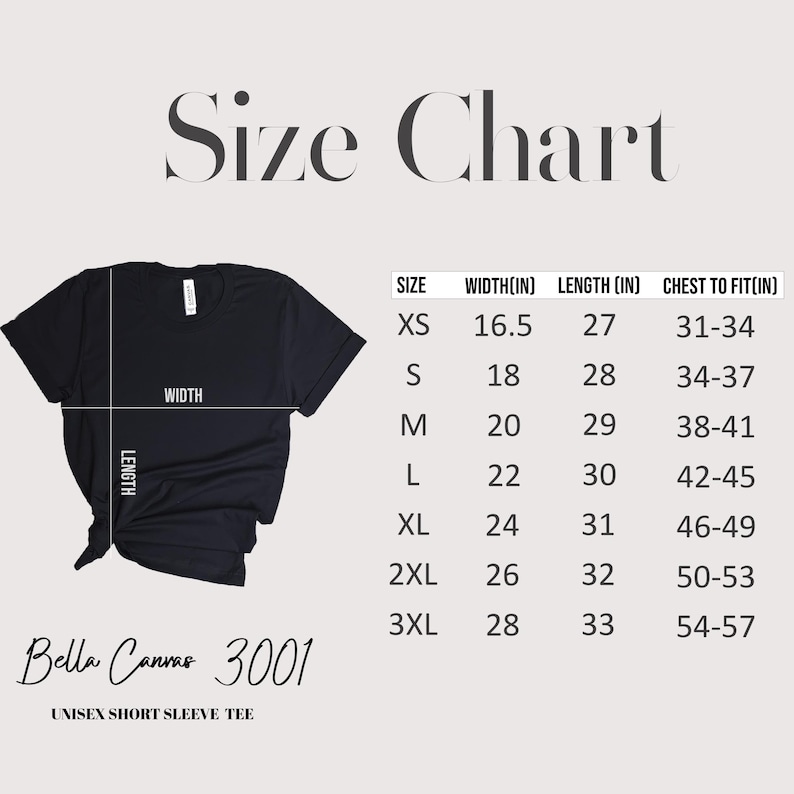 Op de afbeelding: Een zwart Bella Canvas 3001 unisex T-shirt met korte mouwen en een maattabel. De tabel geeft de maten XS tot en met 3XL weer, met breedte- en lengtematen in inches en borstomvangmaten in inches.