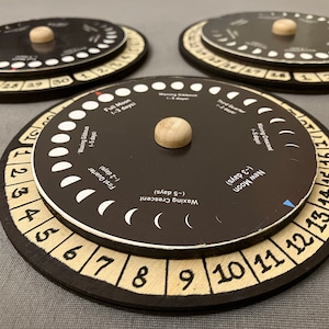Handmade Rotating Wooden Lunar Calendar Set: Moon Phase Perpetual Desk Calendar Dials (for 31-day, 30-day, and 28-day months)