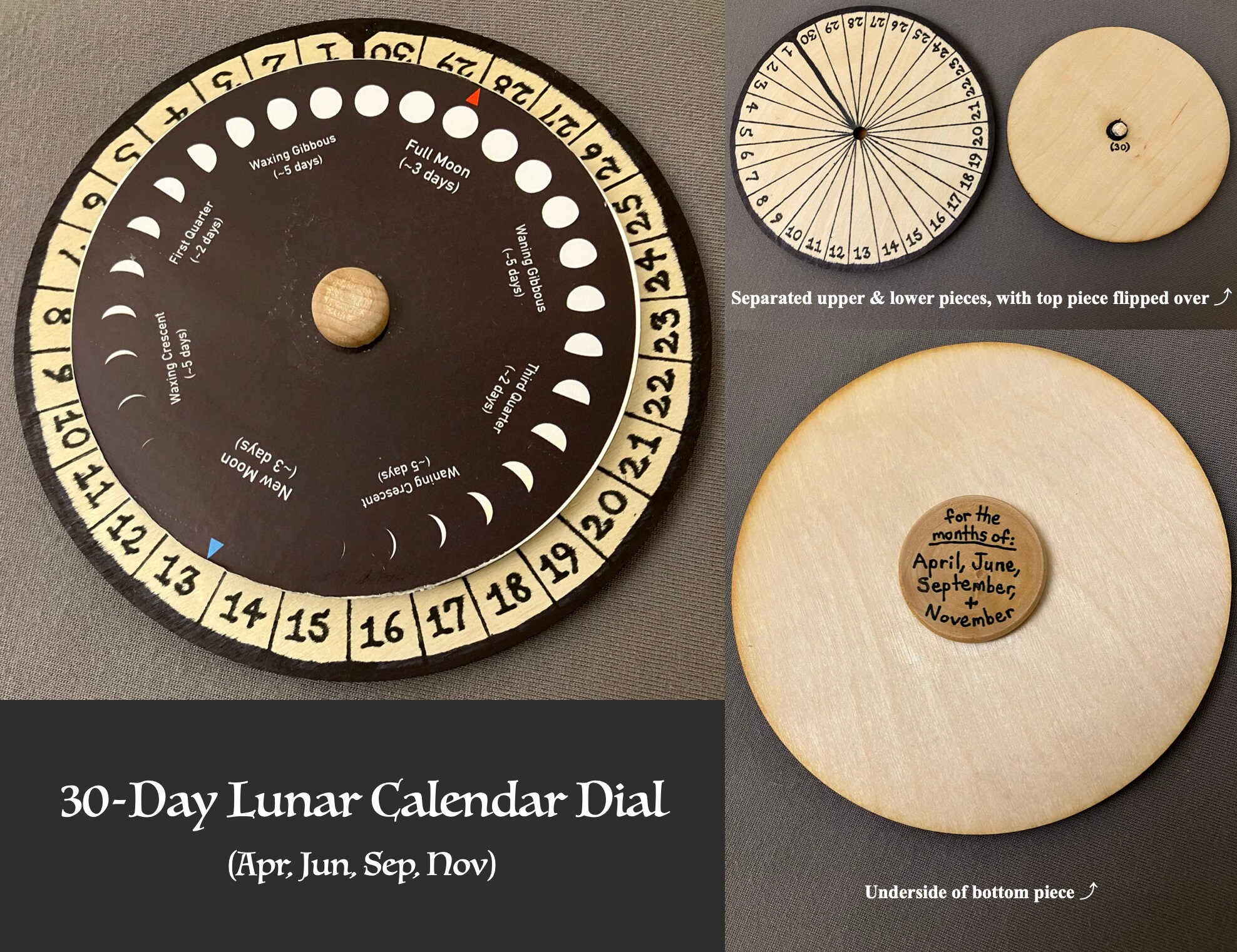 Handmade Rotating Wooden Lunar Calendar Set: Moon Phase Perpetual Desk ...