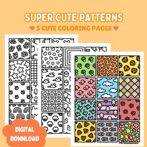 May include: Digital download of coloring pages with the text "SUPER CUTE PATTERNS" and "5 CUTE COLORING PAGES". The pages feature various patterns, including stars, flowers, and clouds, with a colorful grid of designs like mushrooms, birds, and ice cream.