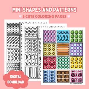 May include: Three coloring pages titled MINI SHAPES AND PATTERNS 5 CUTE COLORING PAGES. The pages feature grids of repeating icons like fish, rainbows, ice cream, moons, hearts, and bears. Some grids are black and white, others are colored.