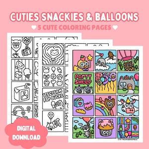 May include: A set of five coloring pages titled CUTIES SNACKIES & BALLOONS, featuring black and white line art grids of cartoon animals, food, and balloons, with one page fully colored in pastel shades. Includes text DIGITAL DOWNLOAD.