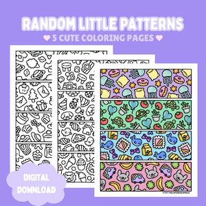 May include: A set of five colouring pages titled RANDOM LITTLE PATTERNS, featuring black and white line art of various objects like planets, food, and animals, alongside a coloured example sheet with jellyfish, turtles, and bunnies on a purple background.