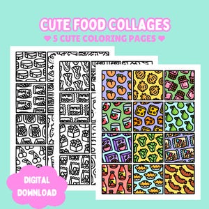 May include: Three sheets of colouring pages titled CUTE FOOD COLLAGES 5 CUTE COLOURING PAGES. Two sheets feature black and white line art of food patterns, while one sheet displays the same patterns in vibrant colours like yellow, green, and pink.