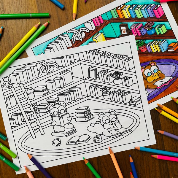 Little Bears Day At The Library Digital Download Coloring Page | Cute Cartoon Animal Printable Colouring Sheets | Adult Coloring Book |