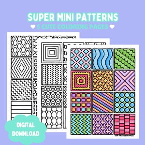以下が含まれることがあります： SUPER MINI PATTERNS 5 CUTE COLORING PAGESと題された3枚の塗り絵シート。ひし形、波模様、星、正方形など、さまざまな幾何学模様が描かれています。1枚はパステルカラーで彩色されており、2枚は白黒の線画です。