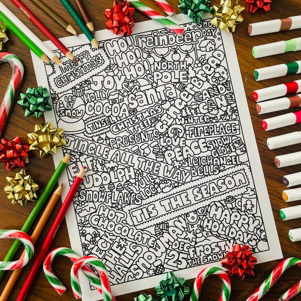 Cute Christmas Word Collage Coloring Page | Festive Holiday Colouring Activity | Instant Download Printable Pages