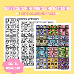 Mini láminas y patrones súper lindos para colorear en formato digital (PNG y PDF) / Hojas para colorear imprimibles con motivos de animales y comida / Naturaleza