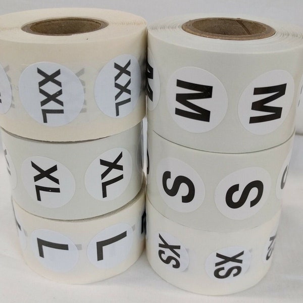 White Circle Clothing Size Stickers 500/Roll Sizes XS TO XXL - Size Label Dots