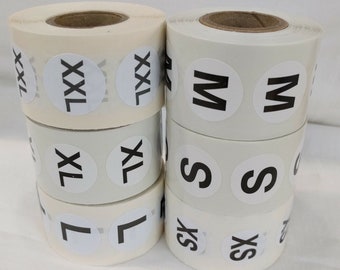 White Circle Clothing Size Stickers 500/Roll Sizes XS TO XXL - Size Label Dots