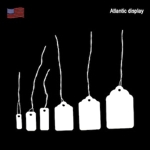May include: A set of six white paper tags with string attached. The tags are different sizes and shapes, with scalloped edges. The tags are blank and ready to be used for labeling.