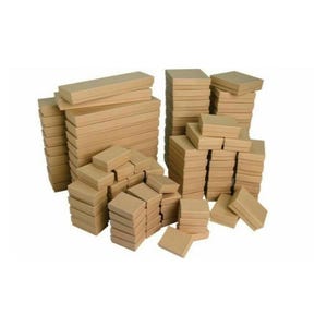 May include: A collection of various sized, rectangular, brown cardboard boxes. The boxes are stacked in multiple piles, some with lids on and some without. The boxes are all the same color and appear to be new.