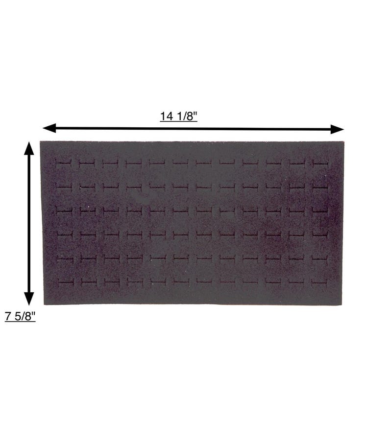 May include: A dark grey foam insert with multiple slots for jewellery display. The insert measures 35.9 cm long and 19.4 cm wide. The slots are evenly spaced and designed to hold rings or other small items.