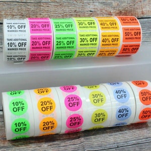 Discount Percent Off Adhesive Sale Markdown Labels % OFF Stickers 500 Label/Roll 10 to 55