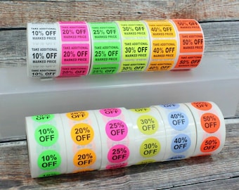 Discount Percent Off Adhesive Sale Markdown Labels % OFF Stickers 500 Label/Roll 10 to 55
