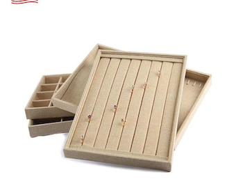 Linen Stackable Jewelry Tray Showcase for Ear/Bangle Stud Earrings Ornament Storage Box Multi-Function Jewelry Organizer Display Gift