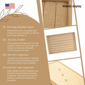 May include: A light brown jewelry box with a linen texture. The box has a removable tray with slots for earrings and rings. The box is labeled "Atlantic display".