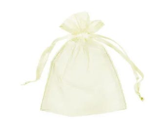 May include: A small, ivory-colored, sheer organza gift bag with a drawstring closure. The bag is made of a delicate, translucent fabric and is perfect for small gifts or favors.