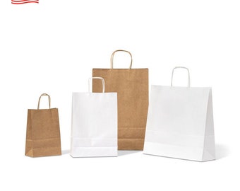 12Pcs/Pack White and Brown Kraft Bags with Handles. Paper Bags for Birthdays, Weddings, Parties, Favors, Grocery Shopping, Crafts, and Gifts