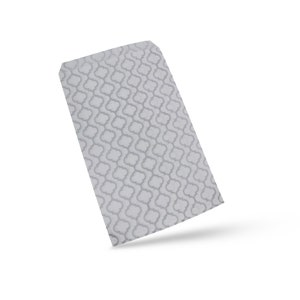 May include: A white paper bag with a gray geometric pattern. The bag is folded and has a slight shadow.