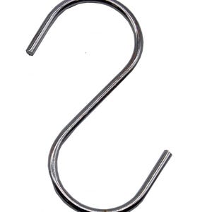 May include: A single, shiny, silver-colored S-hook. The hook is made of a solid, cylindrical metal rod bent into a classic S-shape. The ends are straight and blunt. The hook is designed for hanging items.