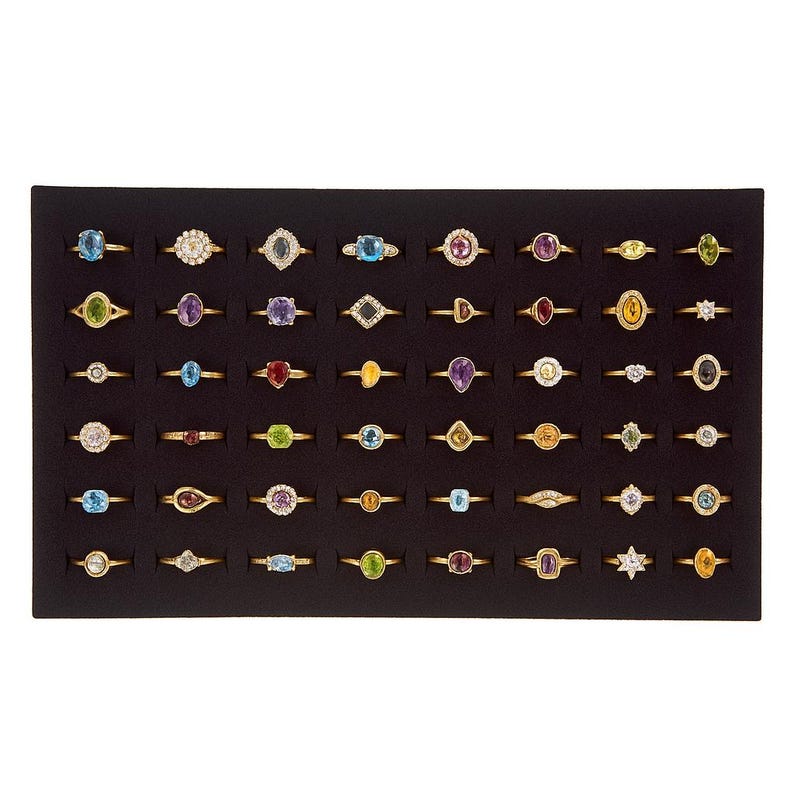 May include: A display of gold rings with diverse gemstone designs, including round, oval, and pear cuts. The gemstones are in various colours, such as blue, green, purple, and yellow. The rings are presented on a black surface.