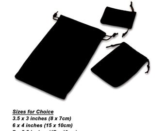 May include: Three black velvet drawstring pouches in varying sizes. The sizes are 3.5 x 3 inches (8 x 7cm), 6 x 4 inches (15 x 10cm), and 7 x 5.5 inches (17 x 13cm). The text "Sizes for Choice" is also visible.