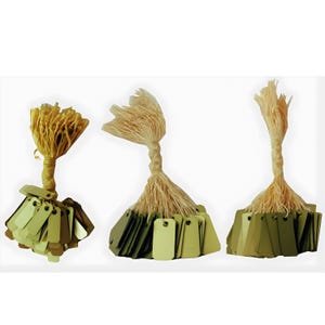 May include: Three bundles of small, rectangular tags in varying shades of green and yellow, each attached to a twisted, beige string. The tags are arranged in a fan-like shape, with a hole at the top of each tag.