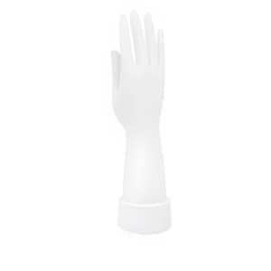 May include: A white, articulated hand mannequin, ideal for displaying jewelry or gloves. The hand is in an upright position, with fingers slightly spread. The base is a simple, cylindrical shape.