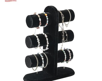 3-Tier Rotating Jewelry Display Stand Black Velvet & Wood Bracelet Holder | Necklace, Bangle and Watch Organizer for Vanity or Retail